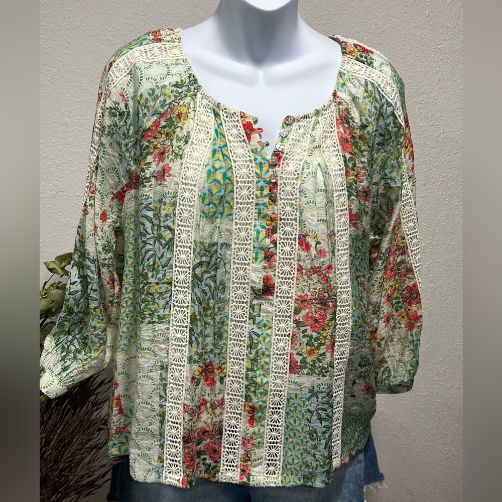 Figueroa & Flower Bohemian Floral Lace-Trim Peasant Top - Cream & Green size PXL